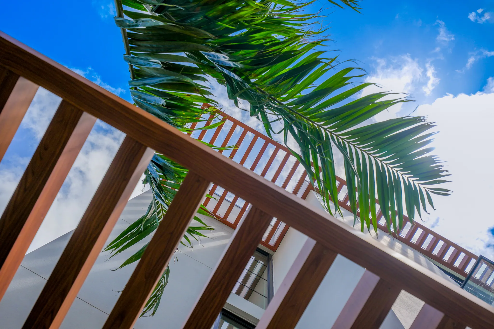 Wood balcony railing detail with palm fronds overhead and white building facade beyond
