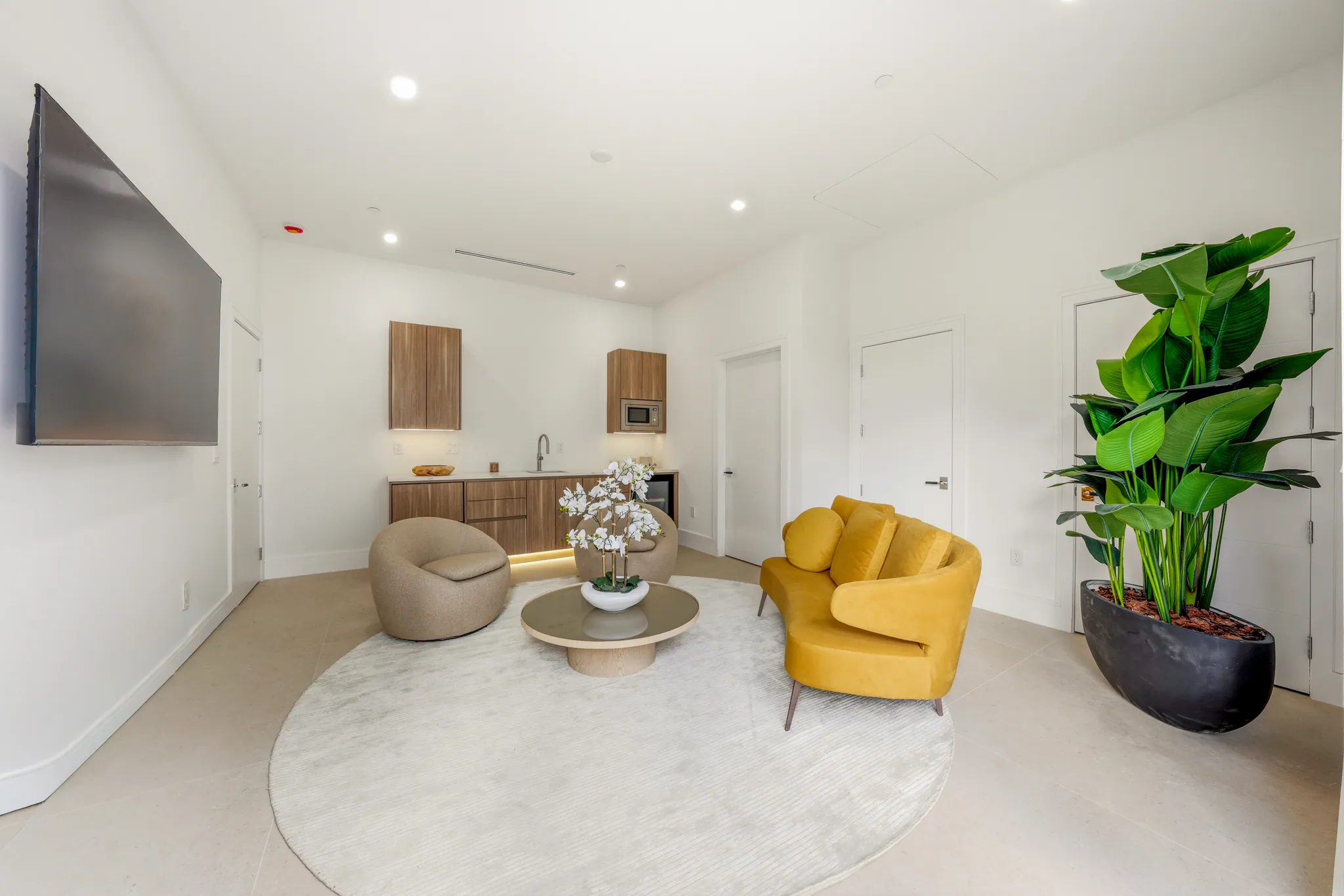 Guest house lounge with kitchenette, swivel chairs, and wall-mounted television